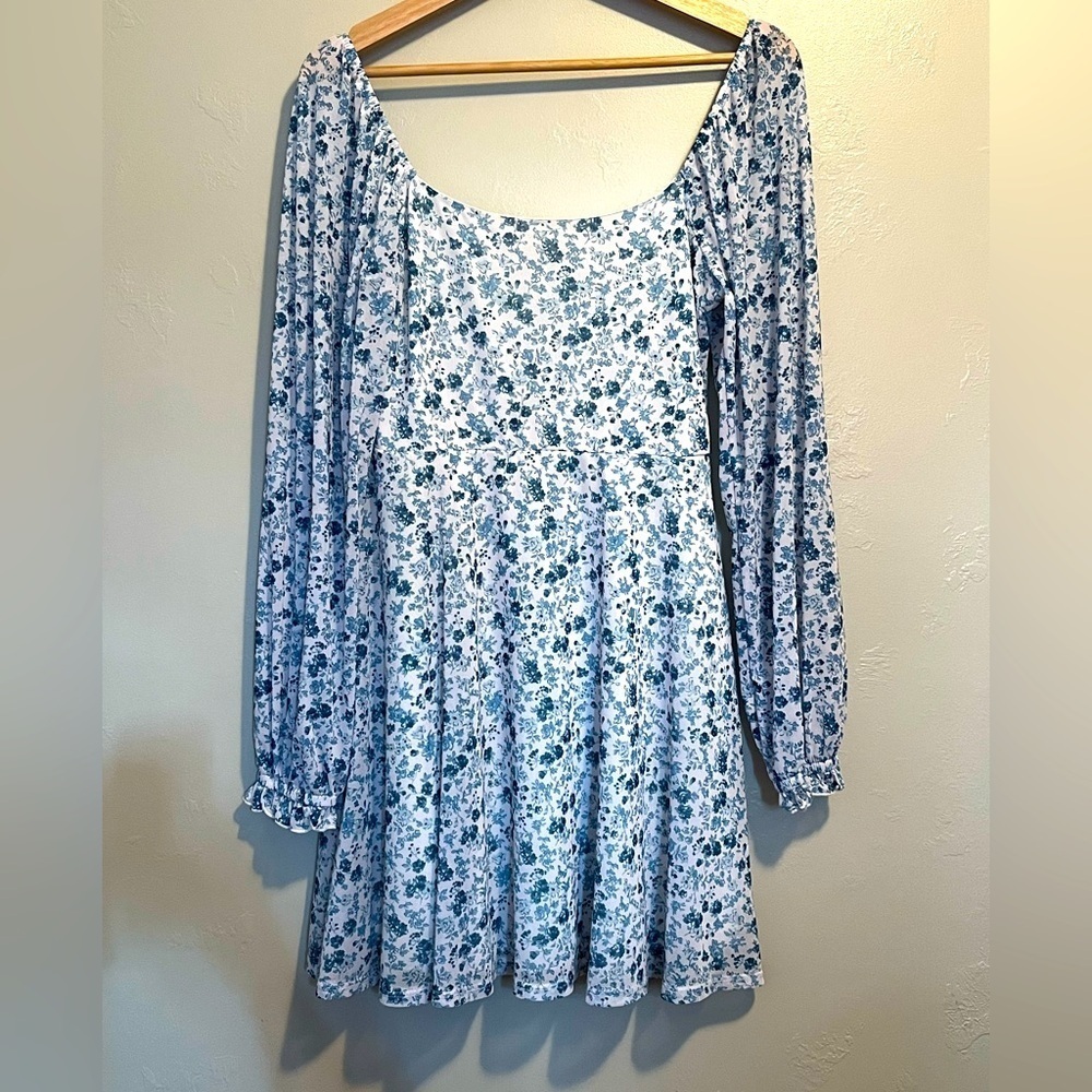 Altar'd State Blue Smocked Floral Flowy Long Sleeve Dress